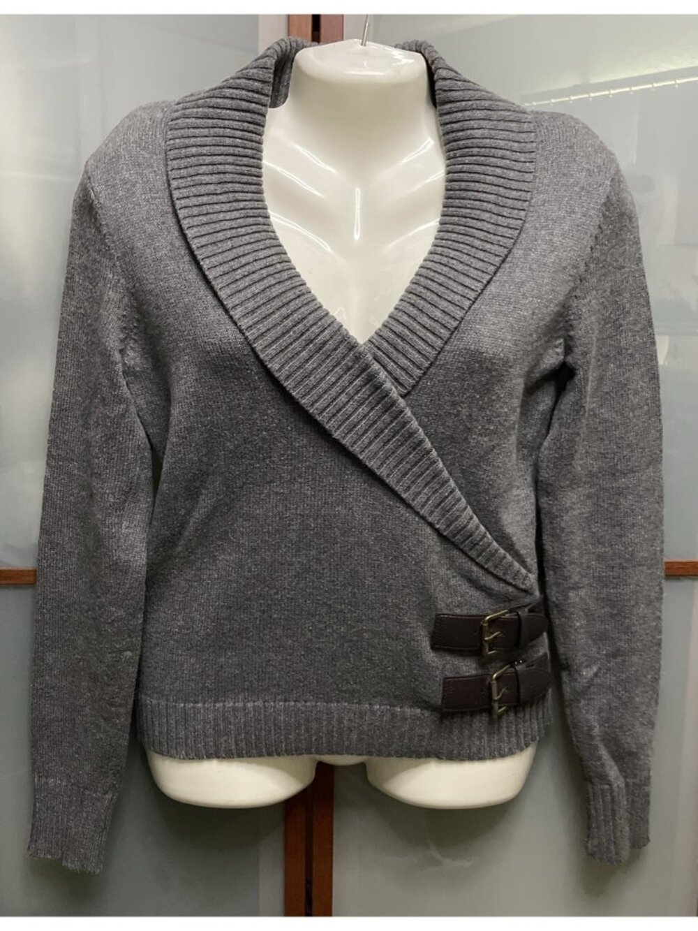 Michael Kors Small Grey Wrap Crossover Knit Sweater Shawl Collar Buckle Accents
